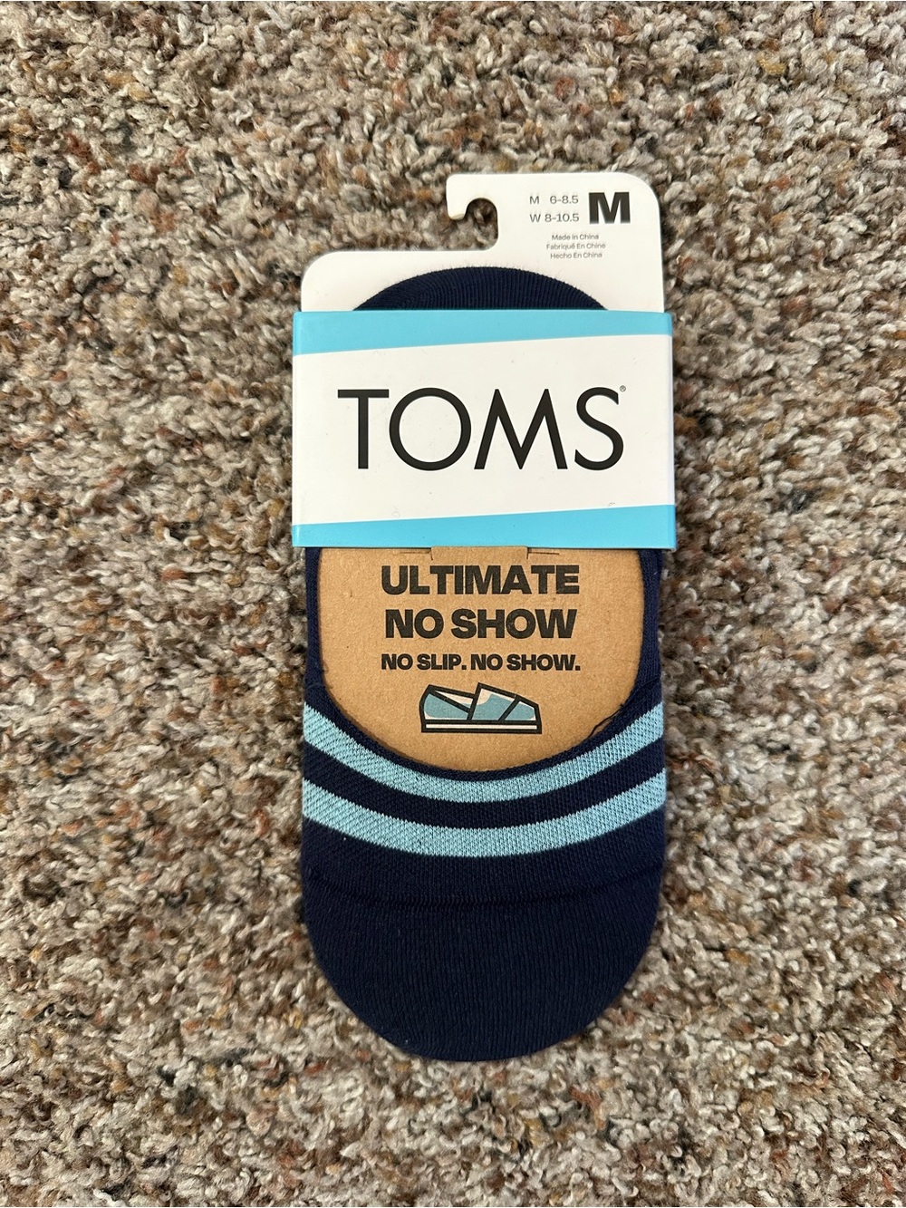 TOMS No-Show Athletic Socks - Navy with Light Blue Stripes NWT